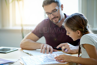 Buy stock photo Help, education and dad with child for homework in house for learning, studying or project. Reading, teaching and father with girl student for working on academic assignment together in apartment.