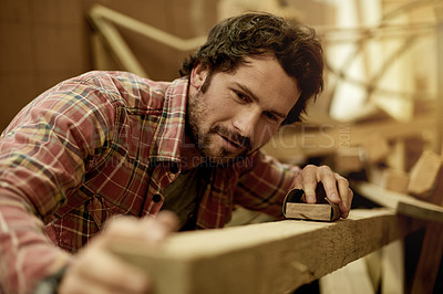 Buy stock photo Carpenter, workshop and man with plank for sanding, furniture restoration and renovation. DIY project, factory and handyman with timber, lumber or manufacturing for artisan craft or production