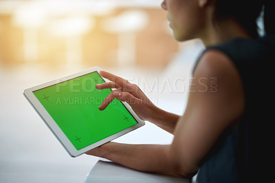 Buy stock photo Green screen, tablet and hands of woman in office for app mockup, space and browse. Online research, social media and scroll for web schedule, business article or internet information for project