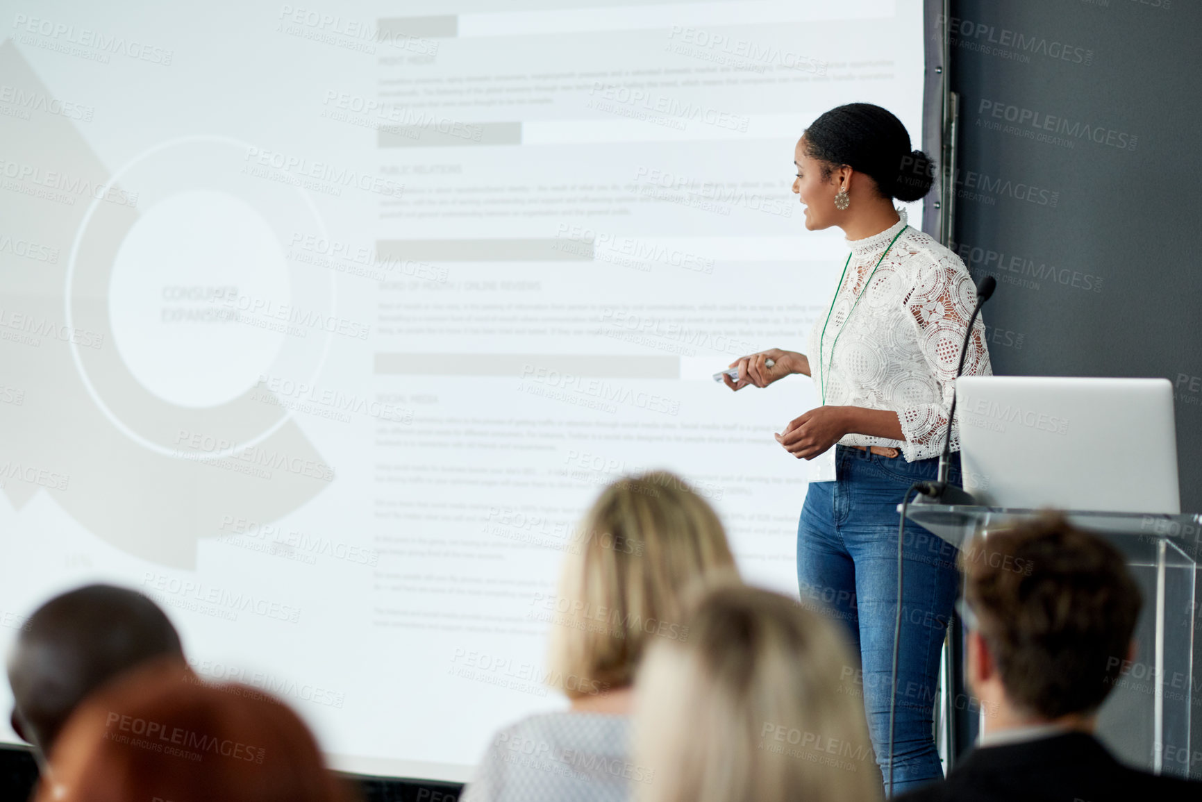Buy stock photo Seminar, speaker and woman with data, talking or training session with market research and audience. Graph, presentation and projector with info for strategy, group and plan for project in workshop