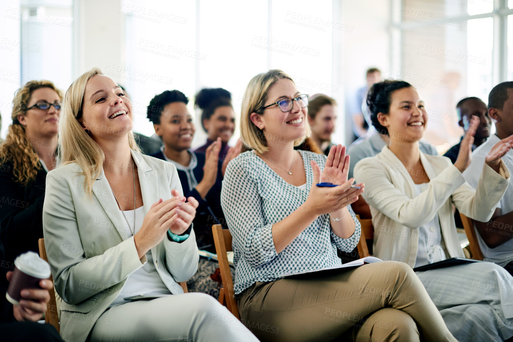 Buy stock photo Business, audience and women with applause, conference and financial agency with achievement. Success, happy group and crowd in office, clapping and company target with celebration, humor and funny