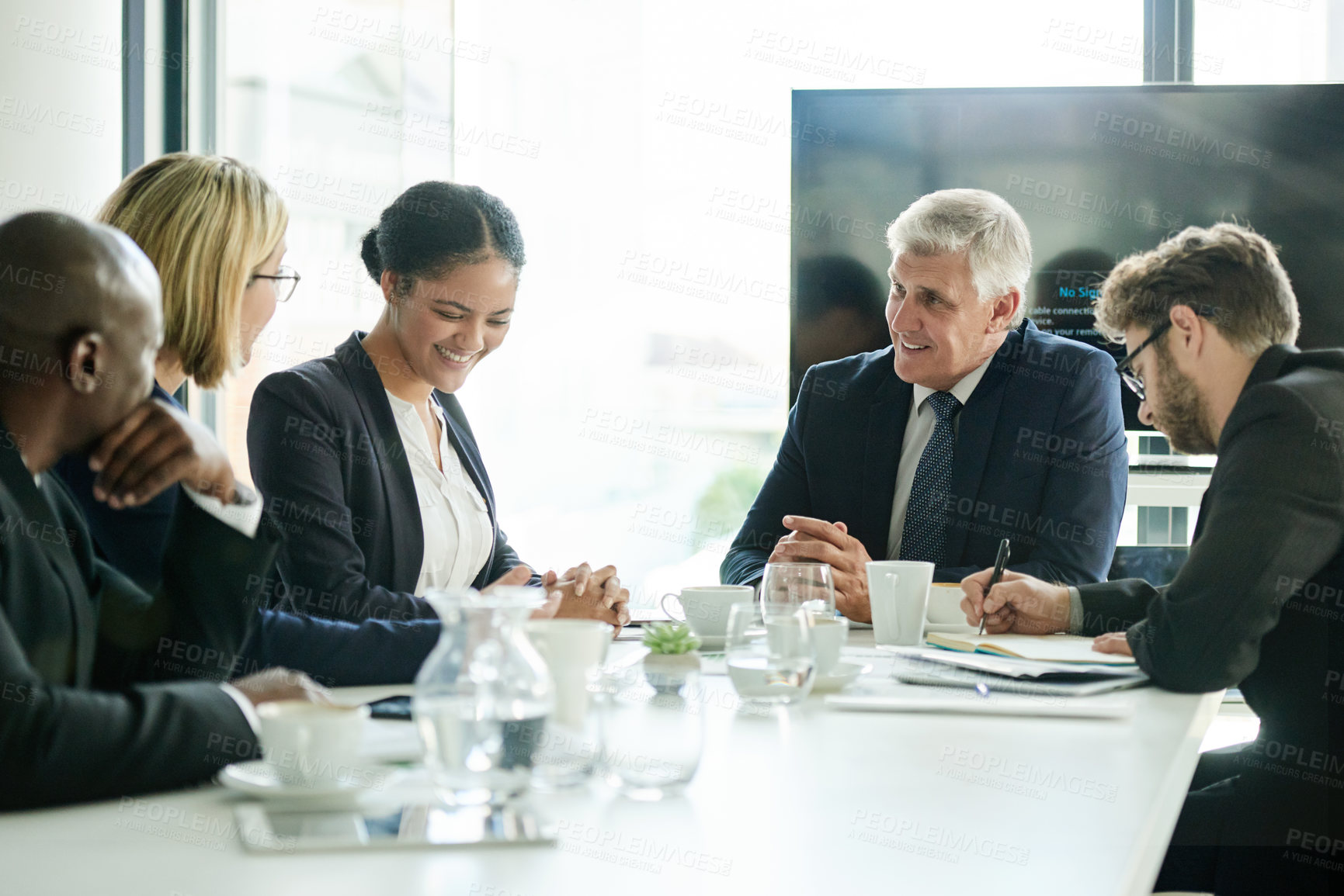 Buy stock photo Boardroom, meeting and group with coffee, happy and plan for wealth management in corporate company. Accountant, discussion and people with financial strategy, paperwork and investment opportunity