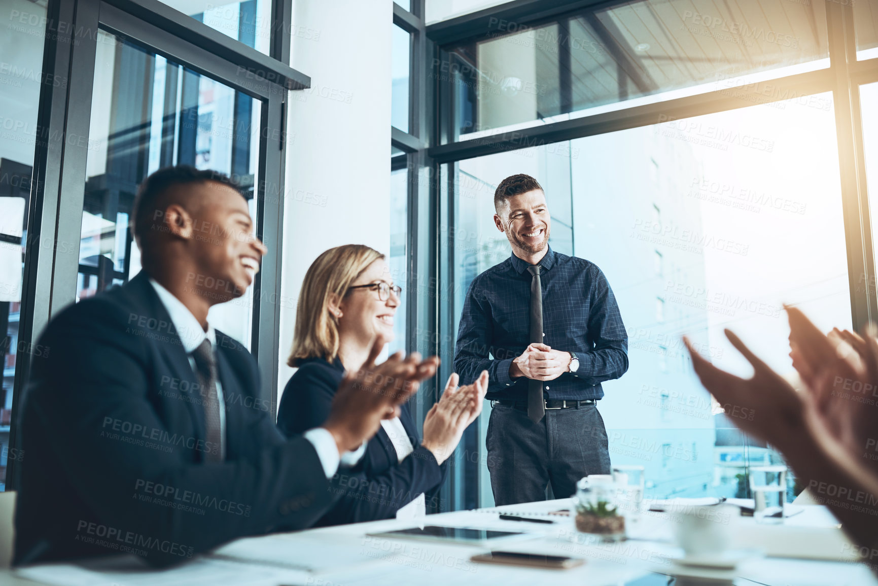Buy stock photo Business people, meeting and applause with presentation in office for proposal, launch or project. Deal, employees and clapping hands with smile for brainstorming, support or celebration for feedback