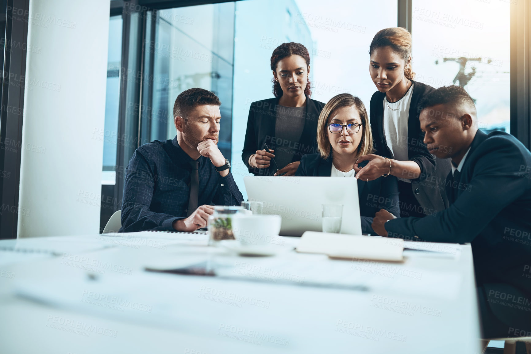 Buy stock photo Business people, meeting and conversation with laptop in office for report, analysis or project. Accounting, employees and feedback with tech for brainstorming, planning or proposal for insight