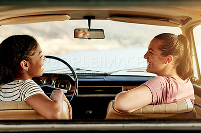 Buy stock photo Laughing, women and friends in car, road trip and excited for adventure, getaway or summer vacation. Tourism, driver and people in vehicle for holiday, bonding and happy for journey with transport