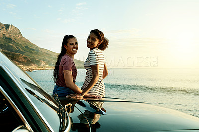 Buy stock photo Happy women, portrait and friends with car for road trip, adventure or sightseeing journey together. Female people, holiday or bonding with vehicle for outdoor travel or ocean coast view on space