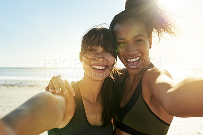 Buy stock photo Happy woman, selfie and runner at beach with hug, friends or portrait for fitness routine in summer. People, girl and embrace with care, flare and space for training, challenge or exercise by sea