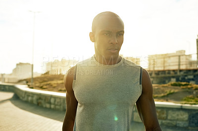 Buy stock photo Fitness, serious and black man in city with thinking, outdoor and wellness in training for healthy body. Confident, lens flare and bodybuilder in urban street with muscular and strength with mindset