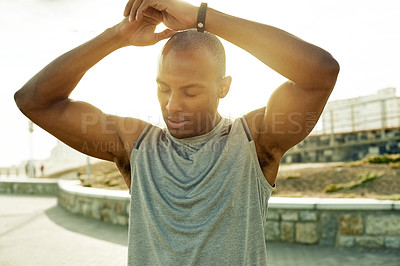 Buy stock photo Fitness, black man and stretching arms in city to start workout, exercise and cardio in morning. Sunrise, runner and wellness warm up outdoor for training preparation, getting ready and performance