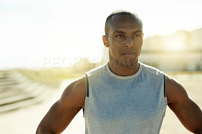 Buy stock photo Thinking, fitness and black man in city to rest for exercise, workout and training in morning. Runner, sports and person for break, relax and recovery in town for wellness, health or practice outdoor