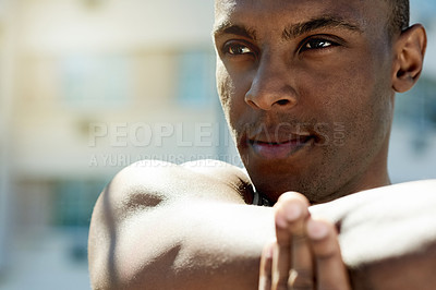 Buy stock photo Fitness, black man and stretching arms outdoor to start workout, cardio and exercise in morning. Space, athlete and wellness warm up for training preparation, muscle flexibility or sports performance