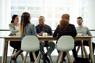 Buy stock photo Smile, business people and group planning in office with idea, investment strategy or laughing. Meeting, happy team and collaboration for discussion, funny joke and financial update with project