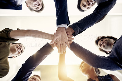 Buy stock photo Business people, low angle or hands in stack for teamwork, support or meeting for company goals. Mission, strategy or partnership with staff group for project, flare or office synergy for motivation