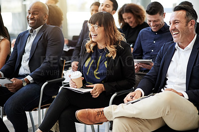 Buy stock photo Business, presentation and woman with laugh in audience for funny speech, ice breaker and training. Corporate workshop, people and happy at summit for joke, employee engagement and career development