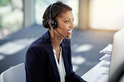 Buy stock photo Happy, woman and conversation at callcenter with contact, communication or customer support. Headset, advice and female consultant at computer for help desk, business info and telecom with flare