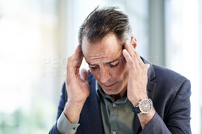 Buy stock photo Businessman, headache or professional fail, mistake or property foreclosure of finance company. Mature male person, corporate crisis or pain space for real estate or investment risk disaster