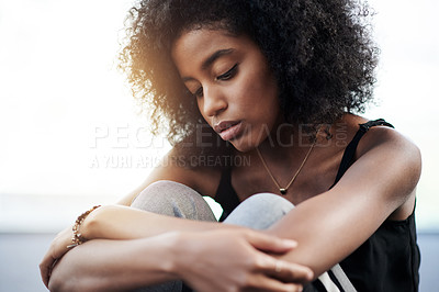 Buy stock photo Thinking, mental health and woman outdoor at sunset with depression, anxiety or reflection. Memory, nostalgia and African female person in evening with breakup, bad news or upset with disappointment.