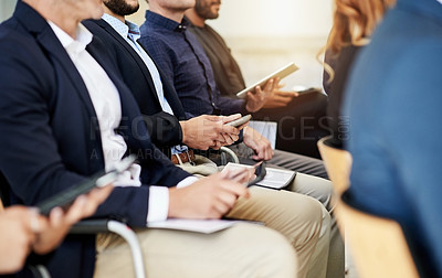 Buy stock photo Technology, hands and business people in office for presentation, meeting or finance seminar. Team, corporate and group of financial advisors with phone in audience for convention in workplace.