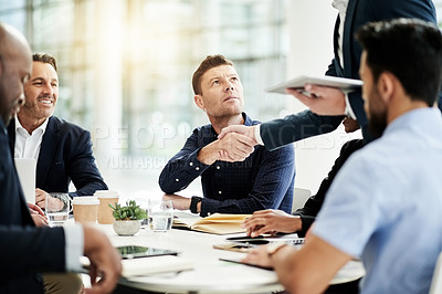 Buy stock photo Handshake, team and planning with business people in meeting for financial advisor, thank you and deal. B2B investment, shaking hands and support with employees in office for partnership and contract