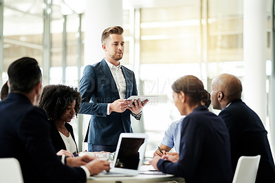 Buy stock photo Tablet, team and speaker with business people in meeting for investment, research or budget proposal. Collaboration, treasury advisor or liquidity manager with employees in office for account report