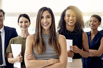 Buy stock photo People, happy or leadership in office with confidence, about us and portrait for company website. Smile, management and recruitment team in lobby with folded arms, corporate diversity or introduction