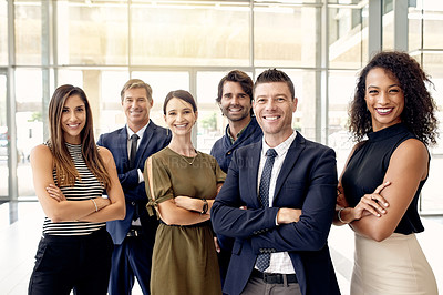 Buy stock photo Portrait, teamwork and business people in office, arms crossed and financial agency. Group, employees and men with women, about us and trading expert with investment firm and cooperation in workplace