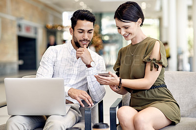Buy stock photo Laptop, phone and business people in airport for travel, conference and email confirmation. Online booking, seminar schedule and smile with man, woman and tech for reservation information in lobby