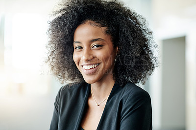Buy stock photo Portrait, smile and business woman in office as financial consultant with pride. African professional, corporate and confident investment advisor with career opportunity, about us and ambition