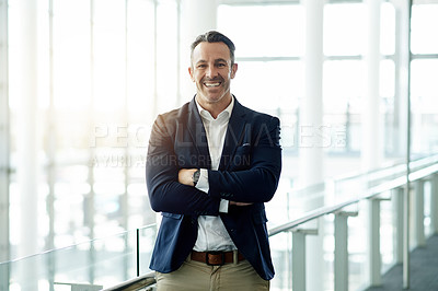 Buy stock photo Portrait, business and man with arms crossed in office with about us for property development. Mature person, realtor and ambition for corporate career, real estate experience and listing opportunity