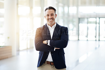 Buy stock photo Arms crossed, business and portrait of mature man in lobby of convention center for symposium. Flare, smile and suit with happy CEO or company manager at conference for development forum or seminar