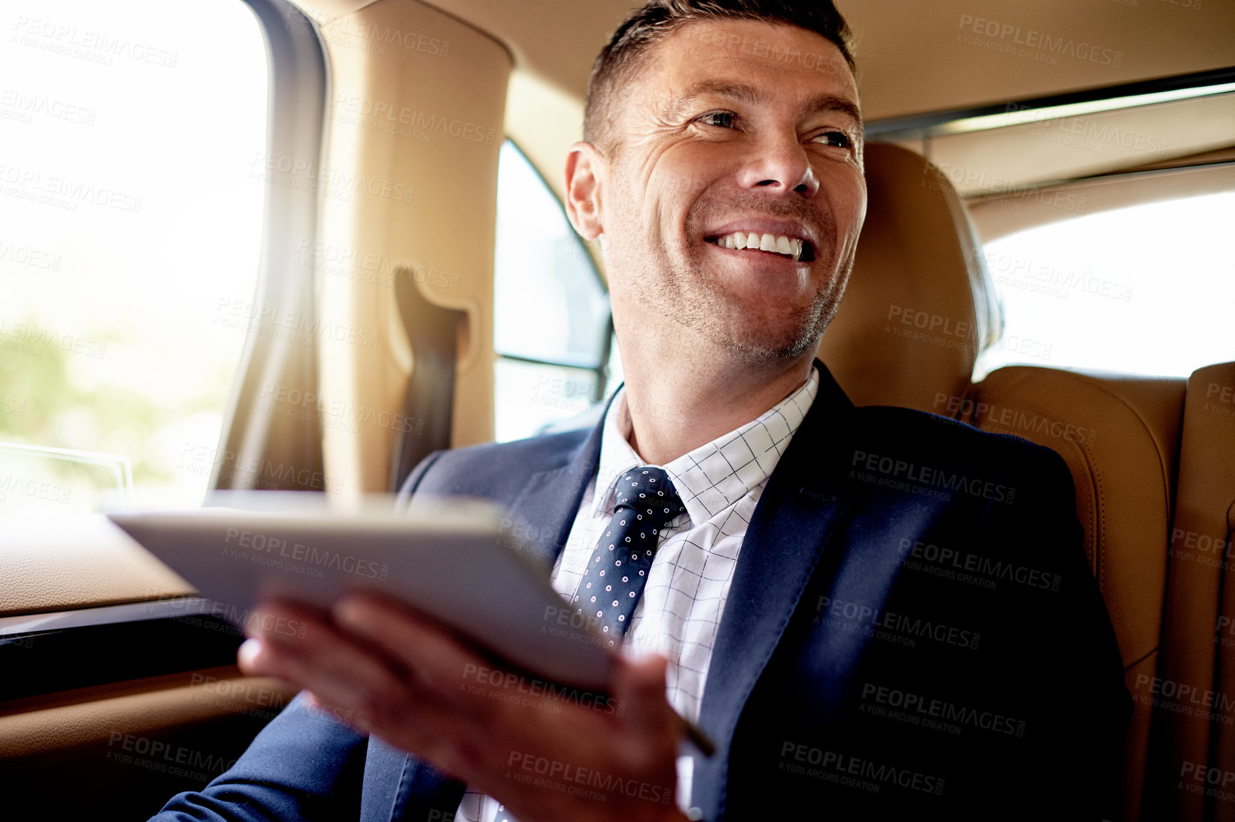 Buy stock photo Tablet, happy and business man in car for chauffeur service, contact and vip passenger. Concierge fleet, event schedule or security transport with mature person in vehicle for conference arrival time