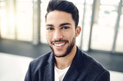 Buy stock photo Portrait, smile and corporate businessman in office with opportunity, about us and finance. Confidence, worker and professional in company with career experience as tax specialist with flare in Qatar
