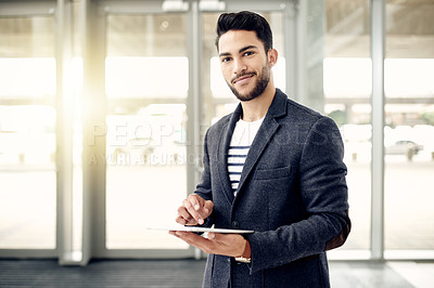 Buy stock photo Happy, businessman and portrait with tablet in building for real estate or asset management. Man, agent or realtor with smile, technology or flare for property sales, project or accommodation plan