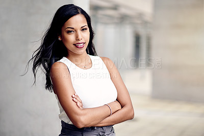 Buy stock photo Arms crossed, business and portrait of woman at office building for about us or company mission. City, opportunity and wind with happy employee outdoor on space at work location for development