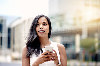 Buy stock photo Thinking, texting or businesswoman with mobile in urban town for social media, message or website. Smile, ideas and entrepreneur with smartphone app in city for online notification and technology