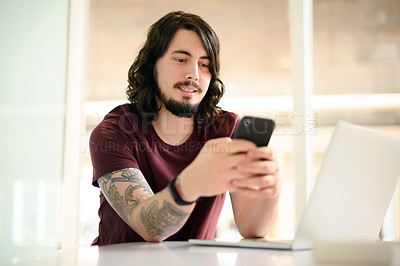 Buy stock photo Man, phone and laptop for web design research, ideas and vision for it programming in office. Coder, designer and software developer on digital technology for communication, social media and iot app