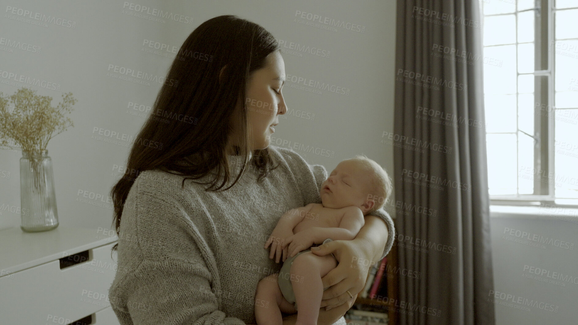 Buy stock photo Love, care and young woman with her baby in the nursery of the modern family house together. Sweet, cute and mother holding her infant, newborn or child in bedroom for sleeping, nap or rest at home.