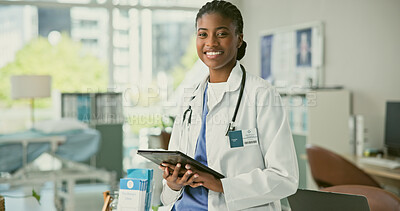 Buy stock photo Portrait, happy woman or doctor with tablet in hospital for consultation of results, diagnosis or x ray scan. Black person, medical professional or smile with technology, web or app for communication