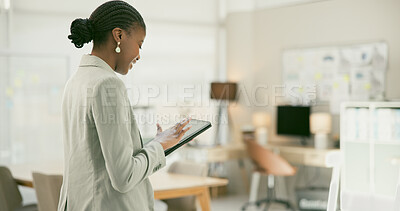 Buy stock photo Business, office and black woman with a tablet, typing or solution with connection, network or internet. African person, worker or consultant with tech, thinking or problem solving with data analysis