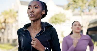 Buy stock photo Women, fitness and friends running in park for outdoor workout, exercise or cardio training together. Active, female people or runner with sprint, vitality or race for marathon, health or wellness