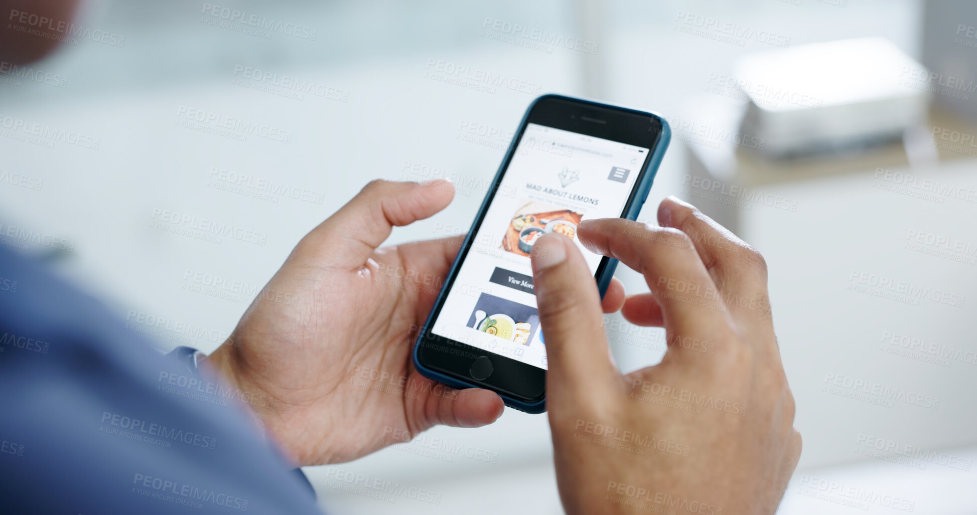 Buy stock photo Phone screen, search and menu with hands in office for food delivery, ecommerce and scroll. Online shopping, reputation rating and lunch choice with person and mobile app for takeaway catalog