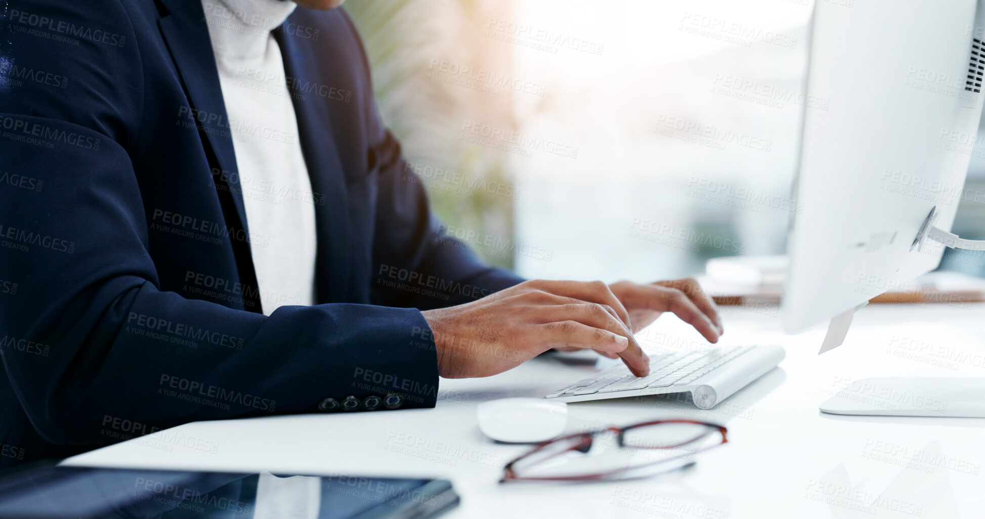 Buy stock photo Hands, man and computer in office for typing case pleading, lawsuit preparation and legal database. Business, lawyer and drafting court document for risk mitigation, summons and email client at firm