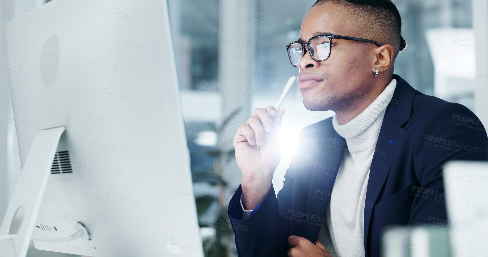 Buy stock photo Thinking, man or reading computer in office for trade decision, risk assessment or monitor news. Glasses, black stock broker or tech for market insight, check economic calendar or solution with flare
