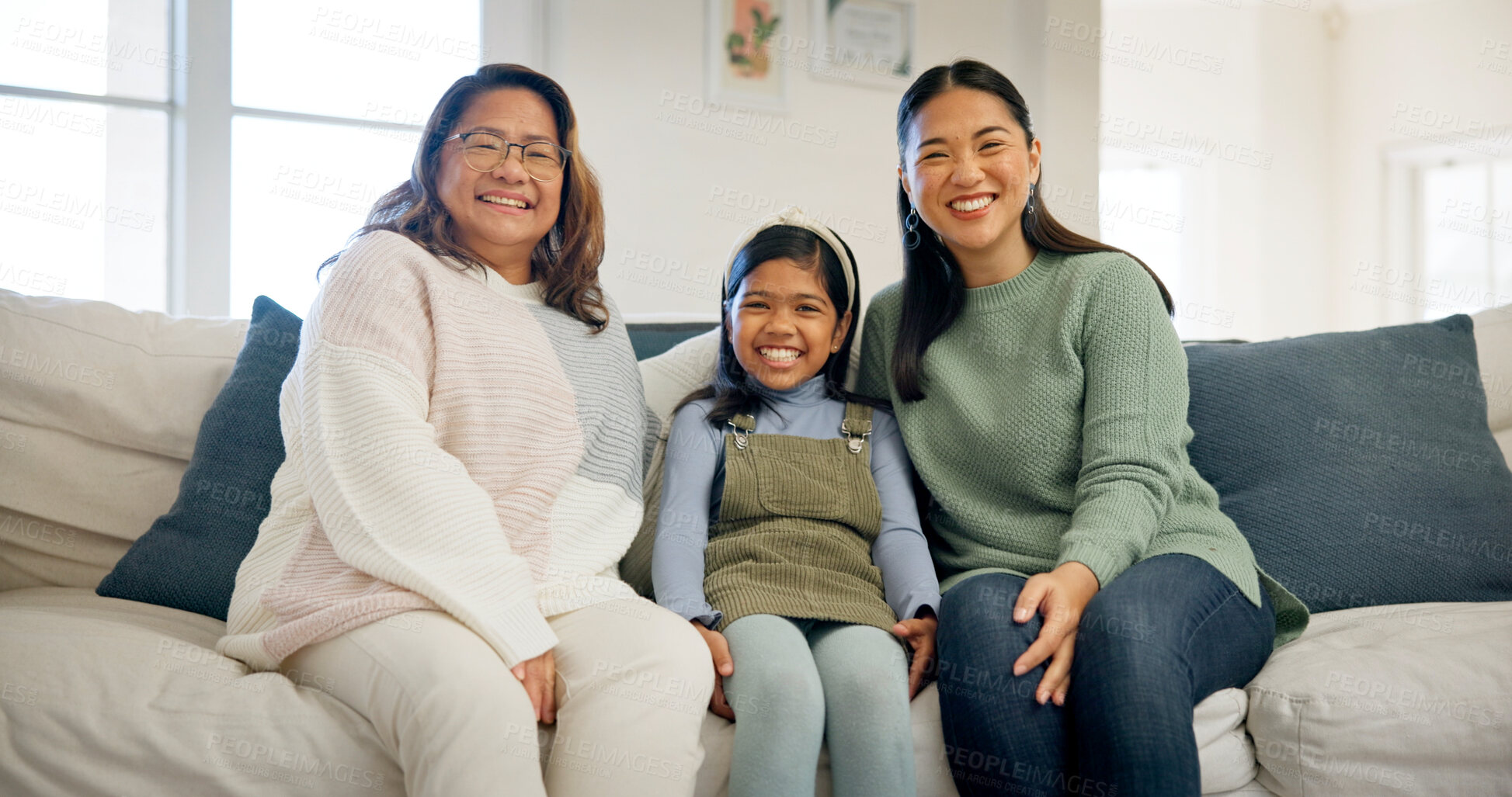Buy stock photo Family, portrait and child with grandma in home, love or laughing with senior mother in living room. Happy mom, generations and Asian people with girl, care and chilling with grandparent in house