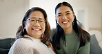 Senior mother, woman and happy portrait in home for bonding, weekend visit and retirement support. Asian people, adult daughter and elderly mom with relax, connection and family reunion with parent