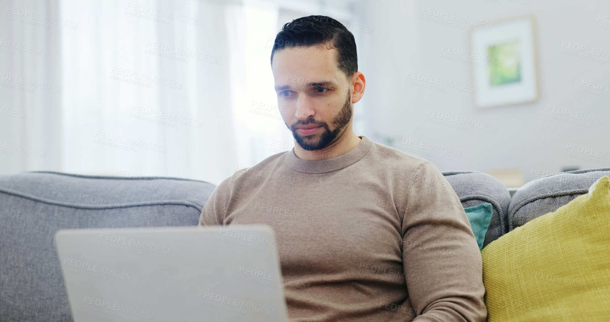 Buy stock photo Man, laptop and sofa with research in home for online network, internet connection or remote work. Male person, freelancer or relax with computer for social media, communication or chat in house