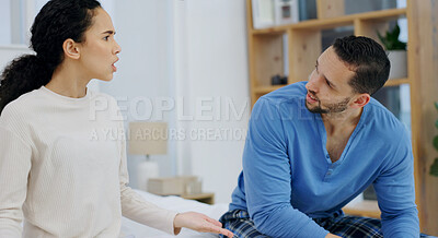 Buy stock photo Couple, conflict and angry on bed with argument, confrontation and gaslighting for cheating. Upset, people and infidelity dispute in home for marriage betrayal, partner manipulation and deny affair