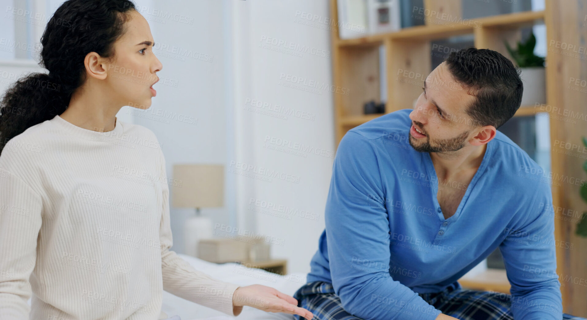 Buy stock photo Couple, conflict and angry on bed with argument, confrontation and gaslighting for cheating. Upset, people and infidelity dispute in home for marriage betrayal, partner manipulation and deny affair