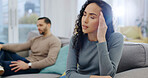 Headache, woman and couple on sofa with conflict, betrayal and silent treatment for cheating. Ignore, wife and migraine in home for overthinking affair, toxic marriage and frustrated for gaslighting