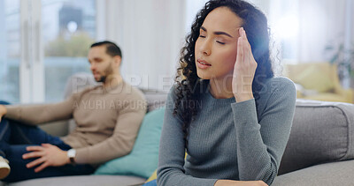 Buy stock photo Headache, woman and couple on sofa with conflict, betrayal and silent treatment for cheating. Ignore, wife and migraine in home for overthinking affair, toxic marriage and frustrated for gaslighting